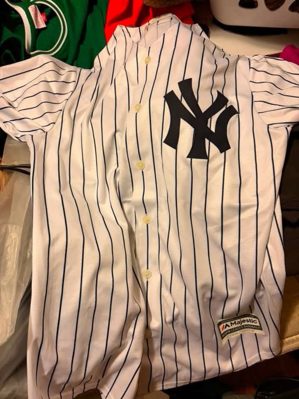 Majestic White Pinstripe New York Baseball Jersey with Navy Logo